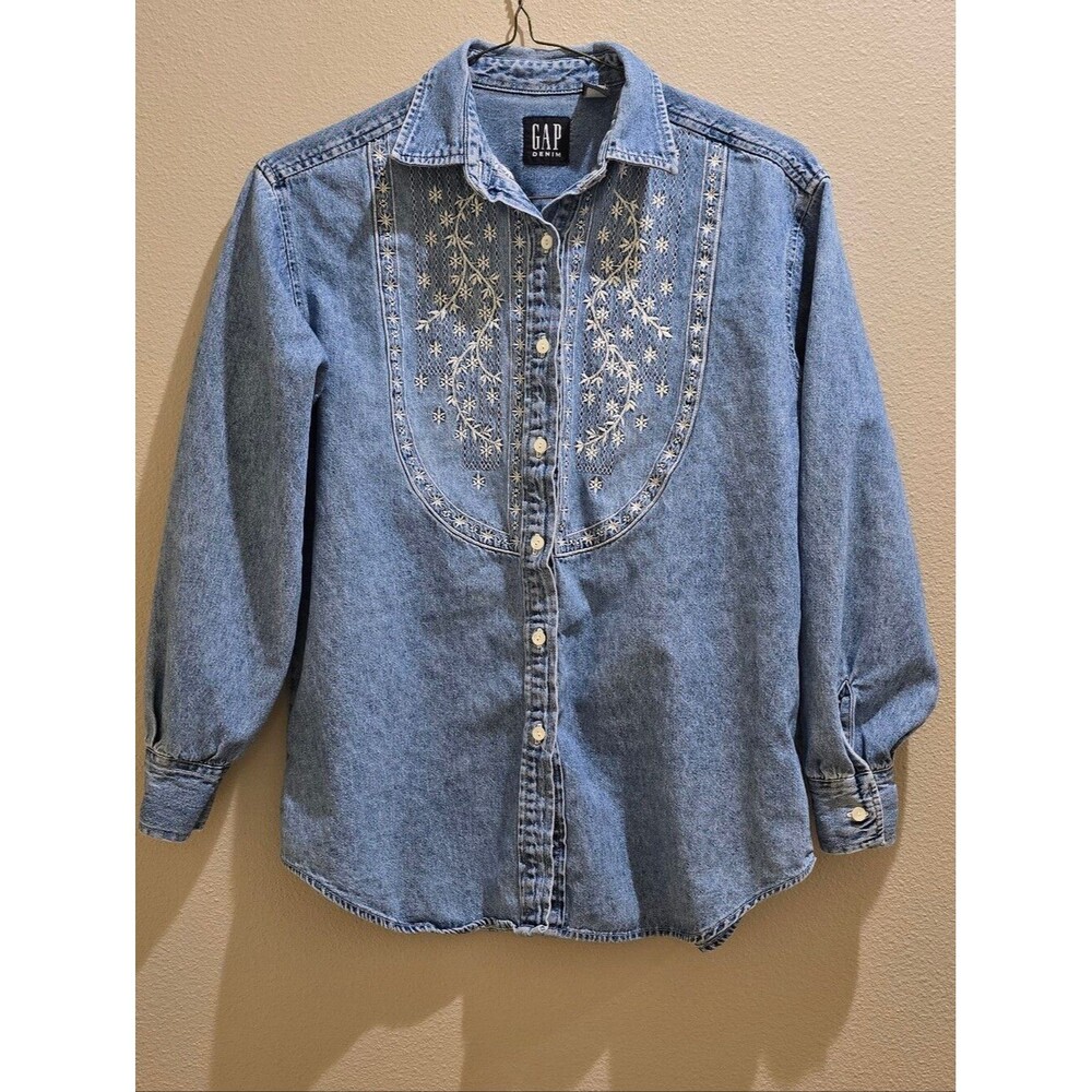 Vintage GAP Embroidered Denim Shirt Medium Wash Western Floral Bib Blouse 90s